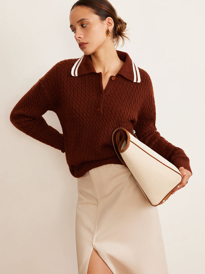 Cable Knit Button Polo Sweater  Liora Lane Boutique Sweaters Brown / XL 39.00