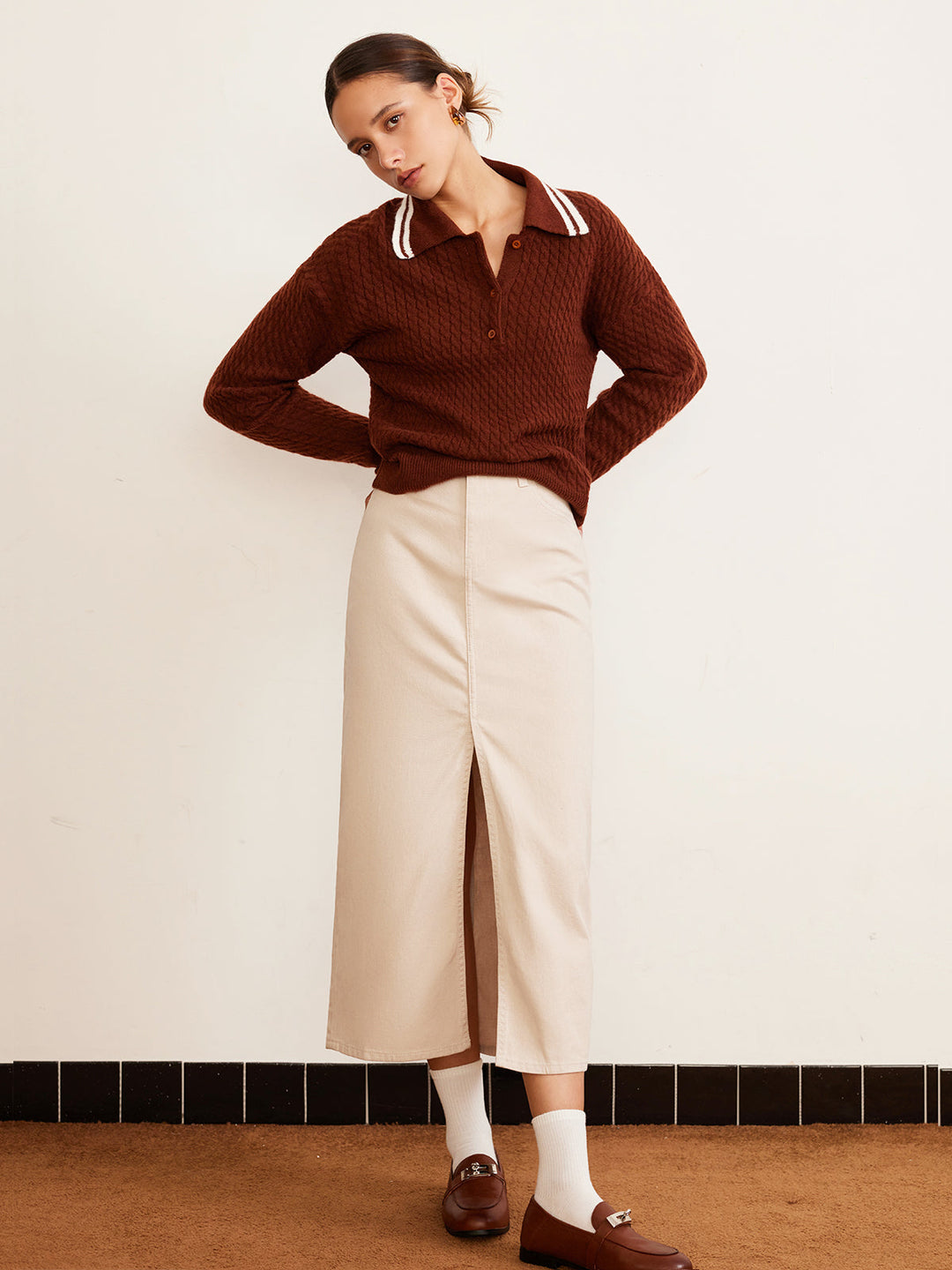 Cable Knit Button Polo Sweater  Liora Lane Boutique Sweaters