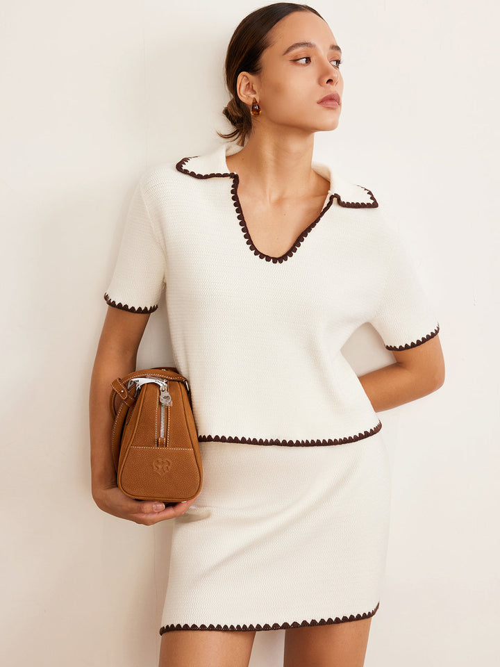 Contrast Trim V-Neck Polo Knit Top  Liora Lane Boutique Knit Tops