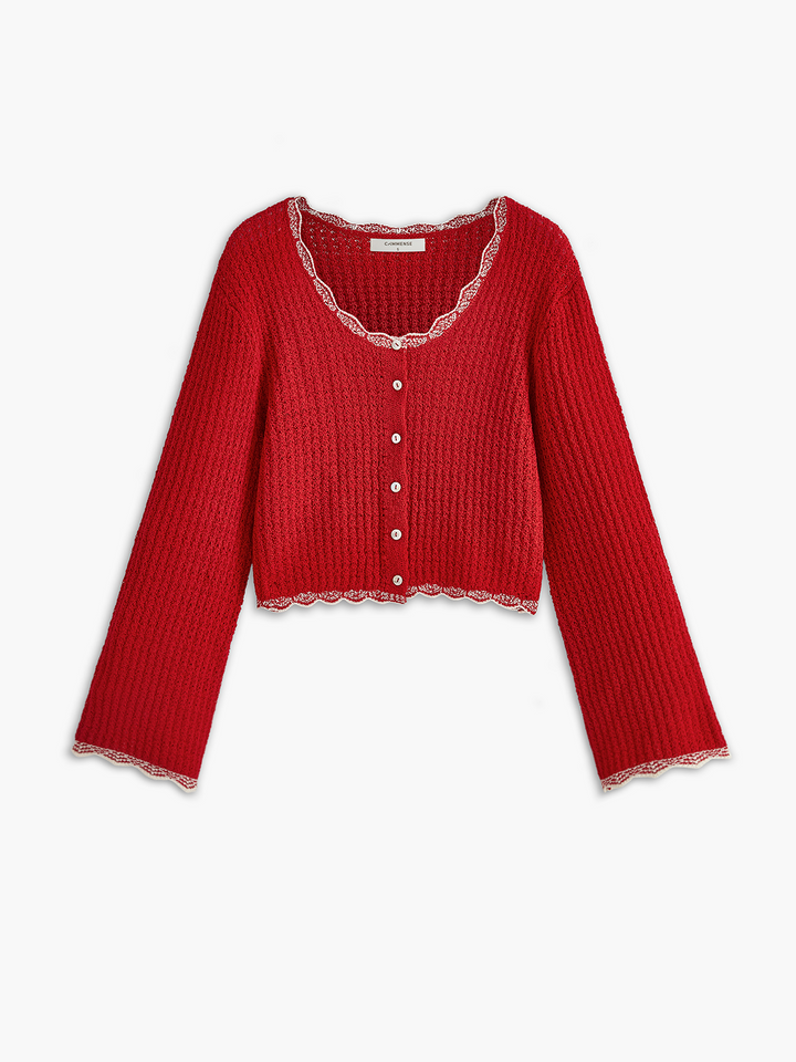 Wave Trim Breasted Cardigan  Liora Lane Boutique Cardigans Red / XL 99.99