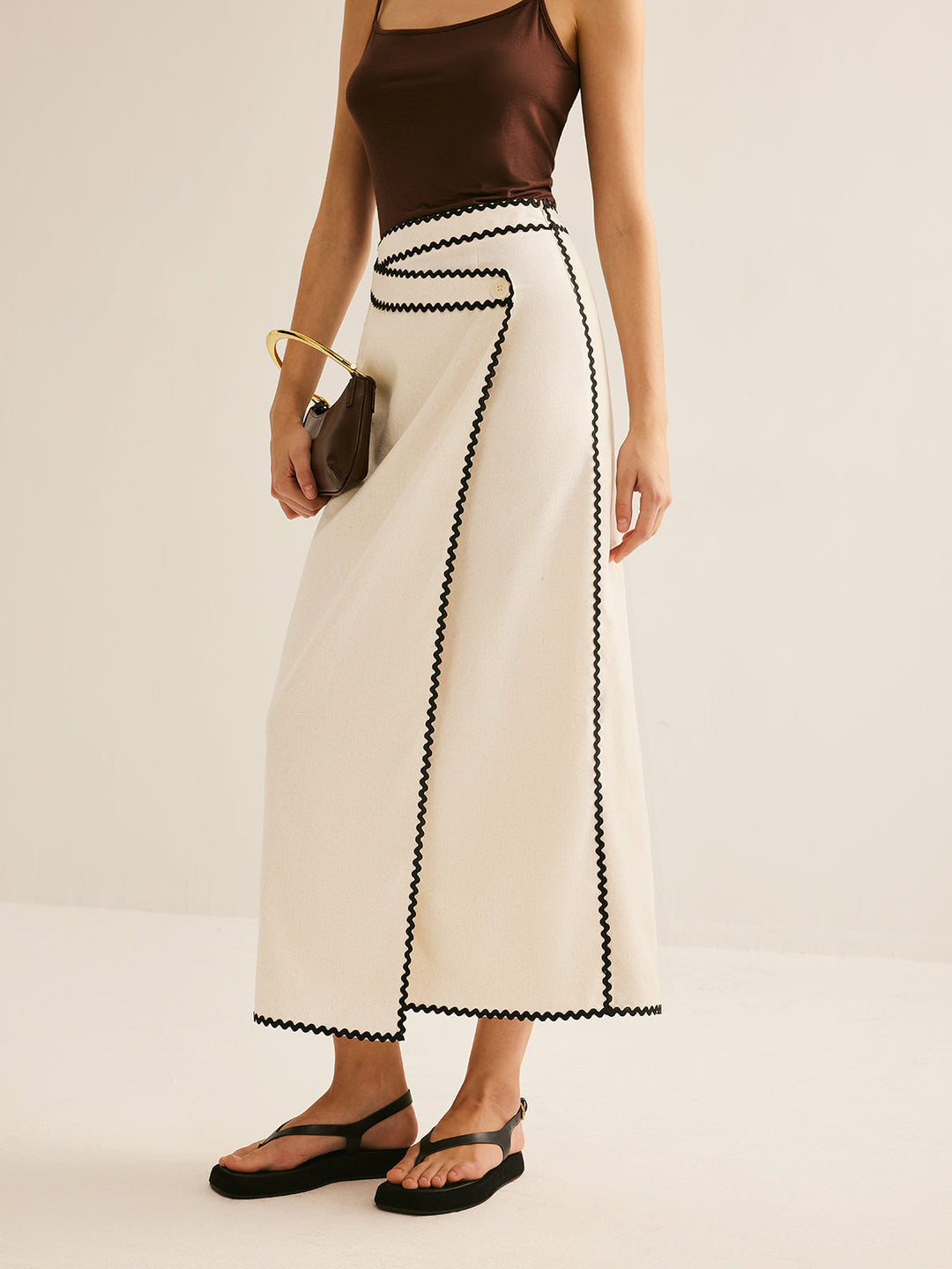 Cotton & Linen Wave Trim Midi Skirt  Liora Lane Boutique Skirts Off-White / XL 44.00