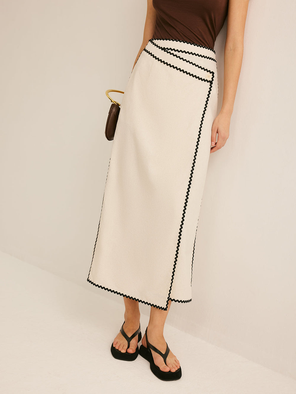 Cotton & Linen Wave Trim Midi Skirt  Liora Lane Boutique Skirts