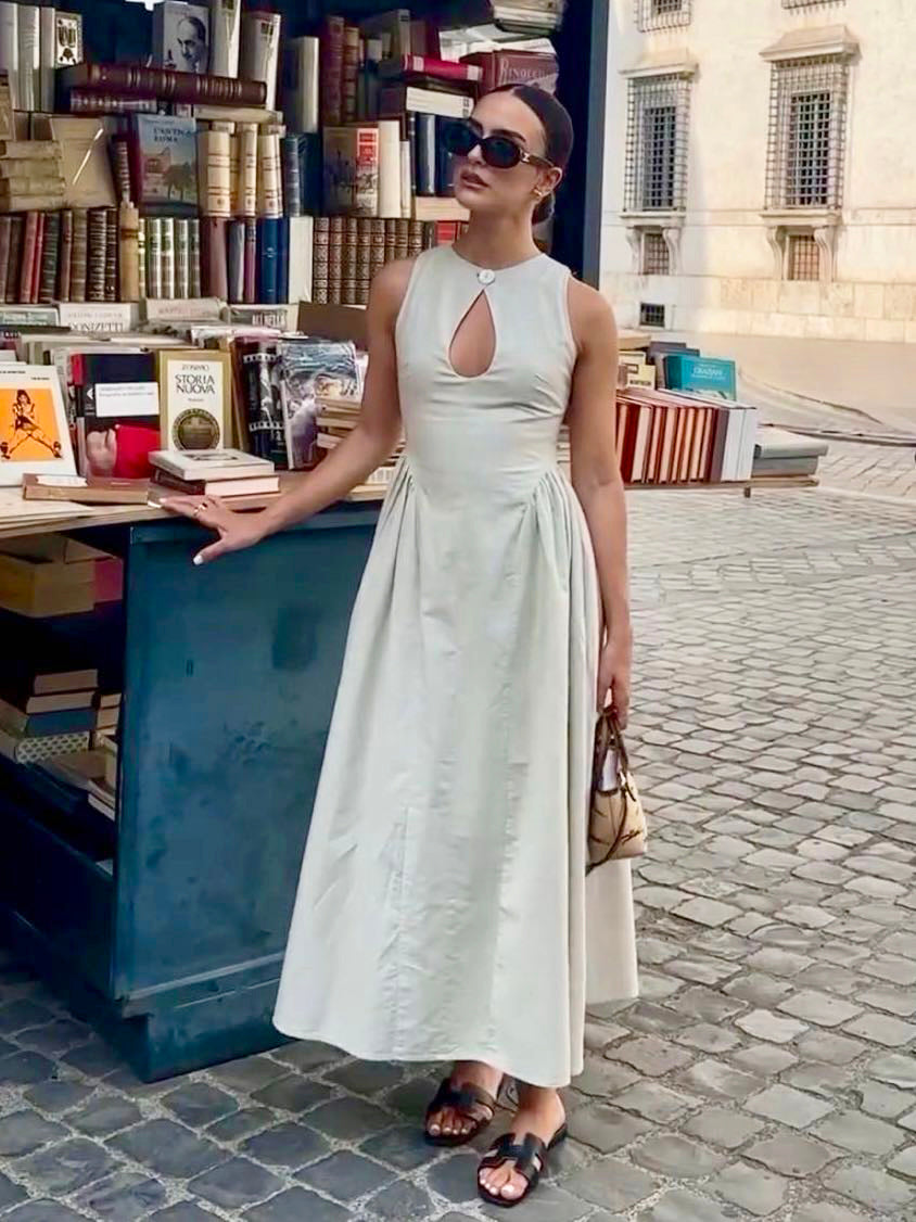 Cotton & Linen Pleated Cutout Long Dress  Liora Lane Boutique Dresses Off-White / XL 89.99