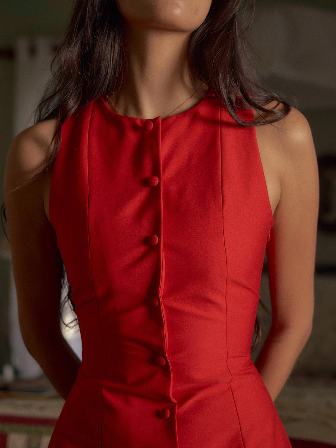Button-Front Sleeveless Short Dress  Liora Lane Boutique Dresses