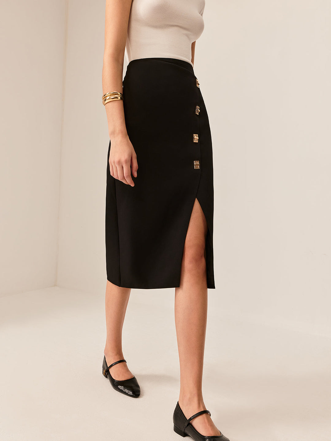 Metal-Detail Split Midi Skirt  Liora Lane Boutique Skirts Black / XL 44.00