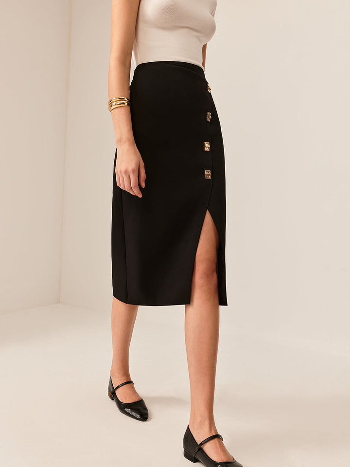 Metal-Detail Split Midi Skirt  Liora Lane Boutique Skirts Black / XL 44.00