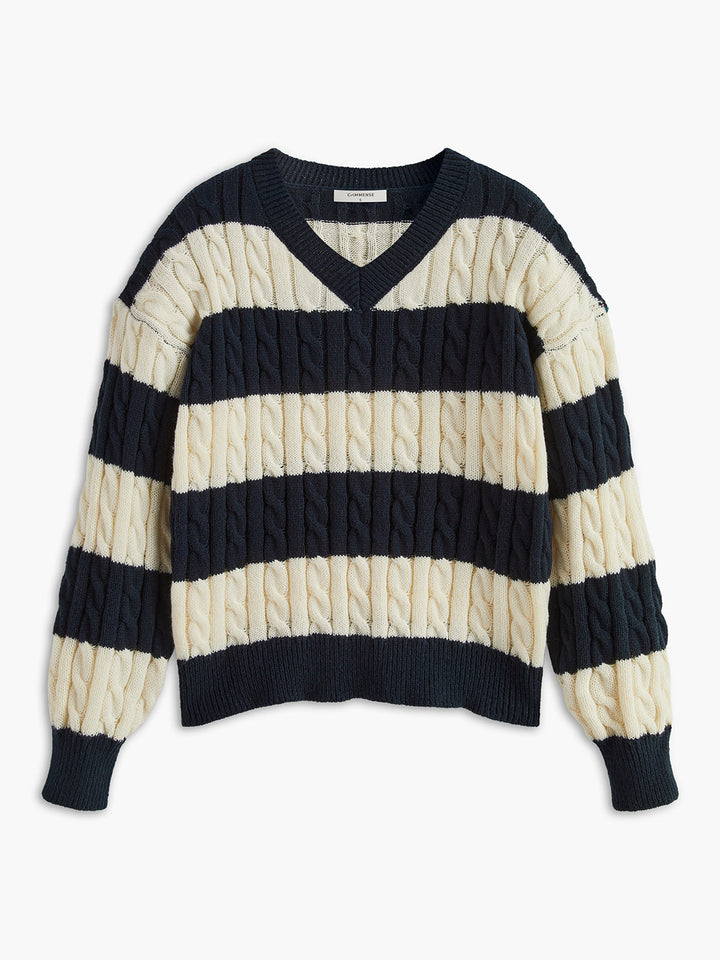 V-Neck Striped Cable Sweater  Liora Lane Boutique Sweaters