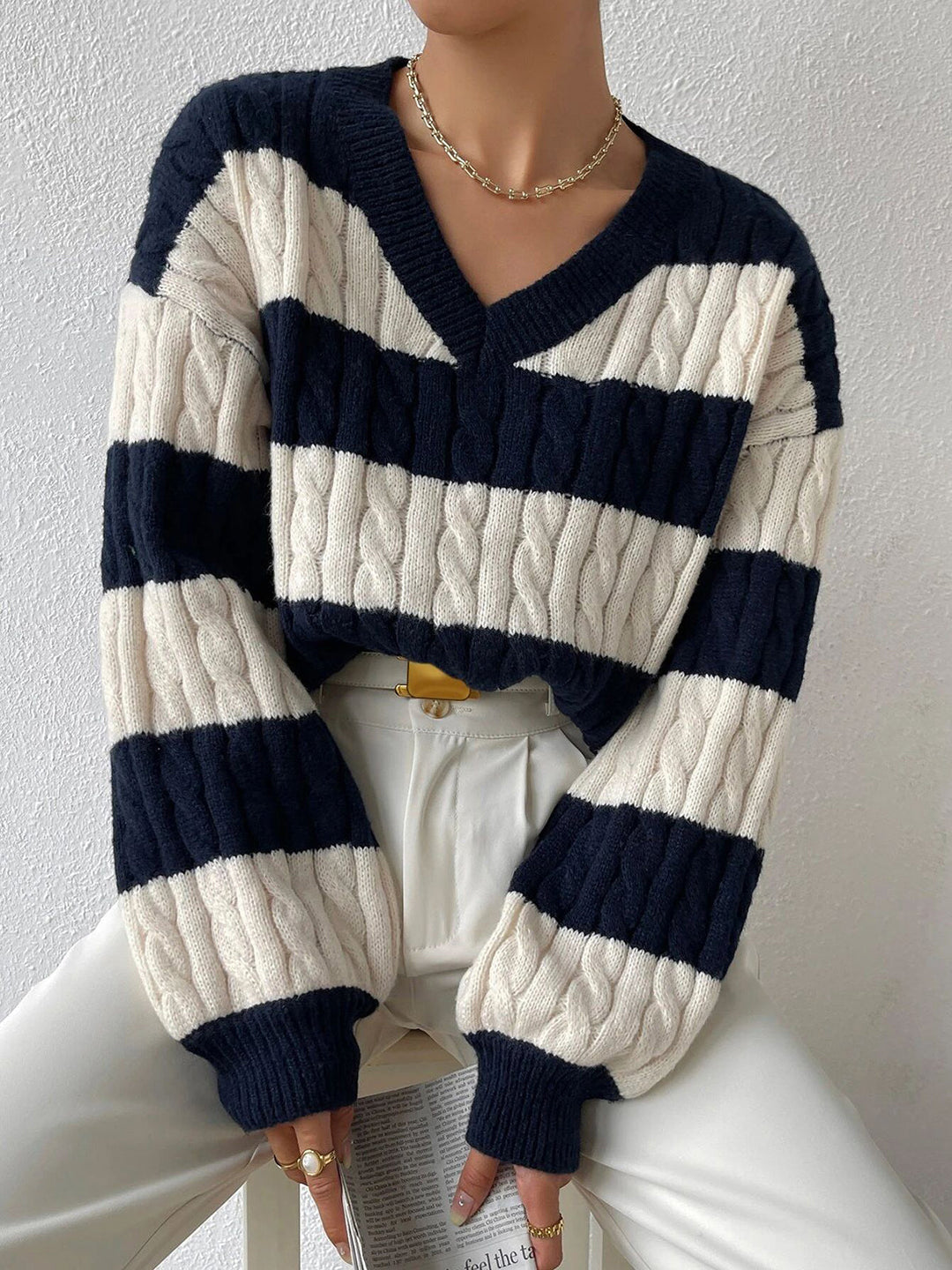V-Neck Striped Cable Sweater  Liora Lane Boutique Sweaters Navy / XL 42.00