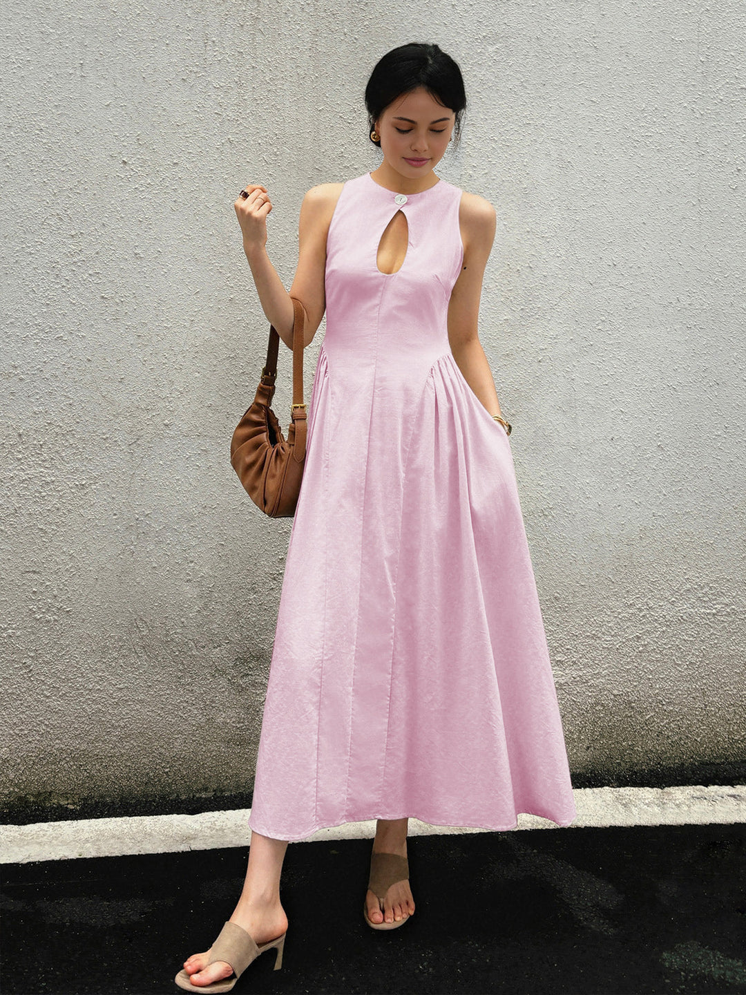 Cotton & Linen Pleated Cutout Long Dress  Liora Lane Boutique Dresses Pink / XL 89.99