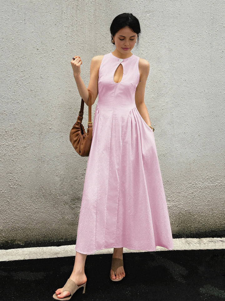 Cotton & Linen Pleated Cutout Long Dress  Liora Lane Boutique Dresses Pink / XL 89.99
