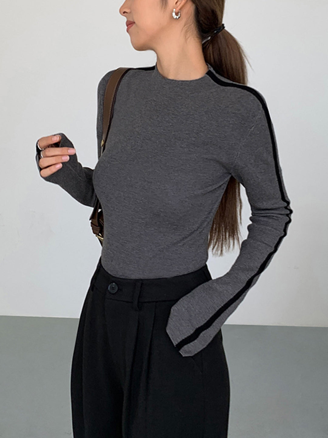 Round Neck Contrast Trim Slim Knit Top  Liora Lane Boutique Knit Tops Grey / XL 36.00