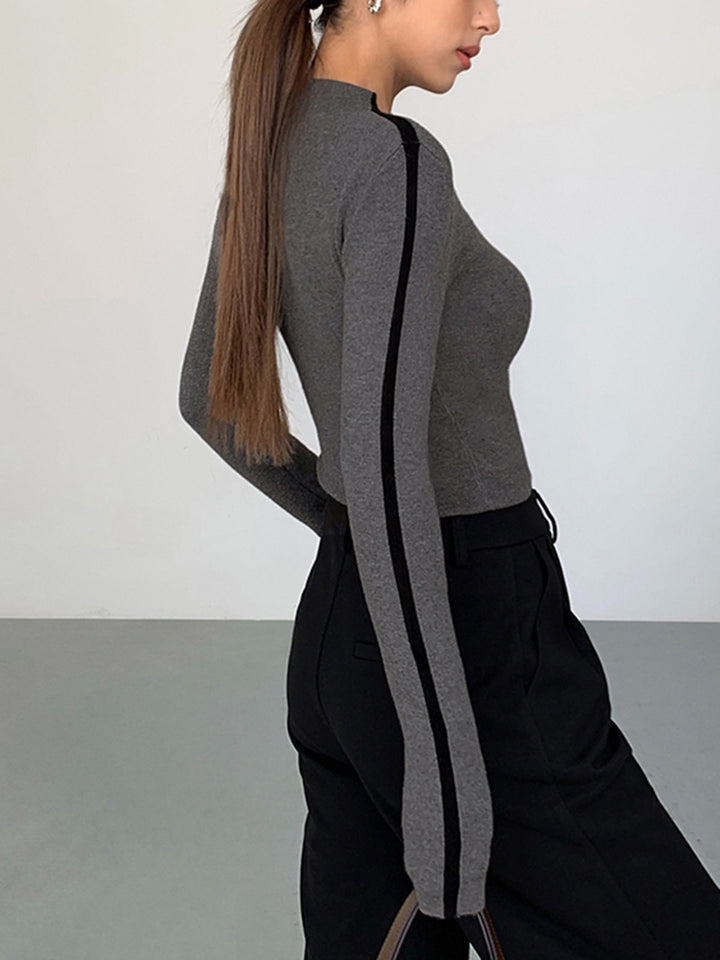 Round Neck Contrast Trim Slim Knit Top  Liora Lane Boutique Knit Tops