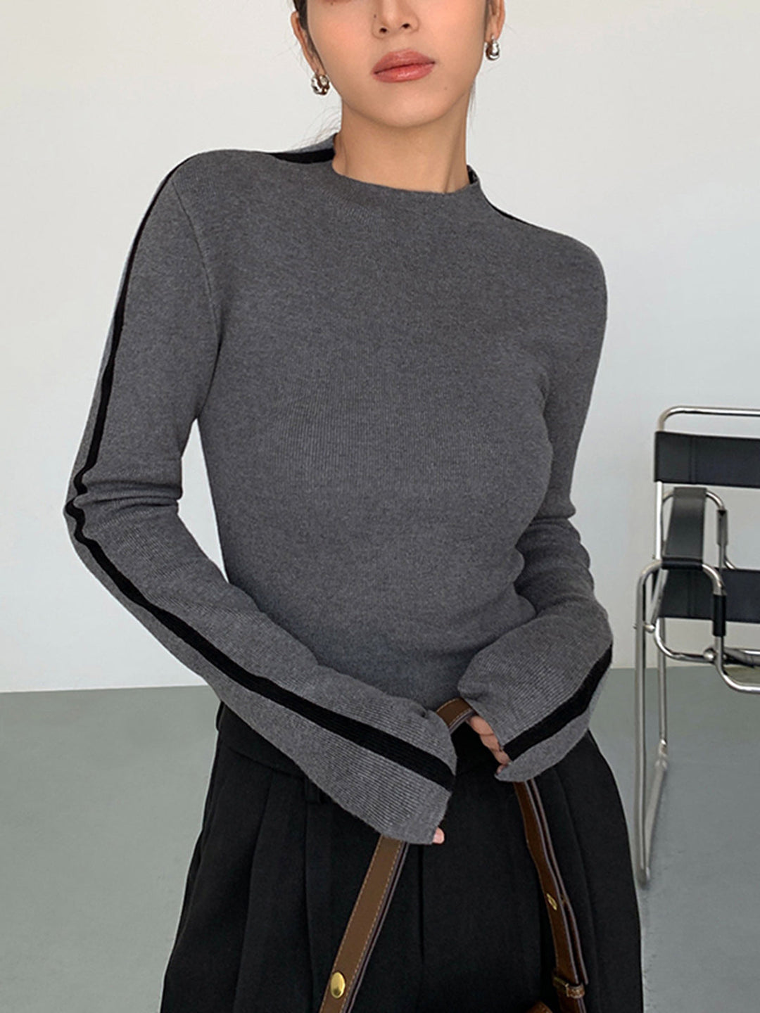 Round Neck Contrast Trim Slim Knit Top  Liora Lane Boutique Knit Tops