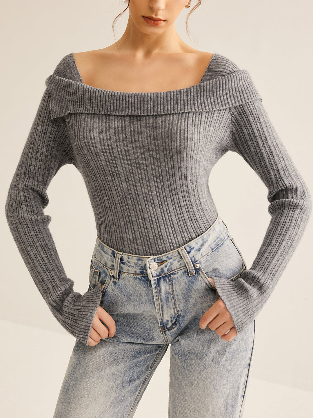 Cold Shoulder Ribbed Slim Sweater  Liora Lane Boutique Sweaters Grey / M 94.99