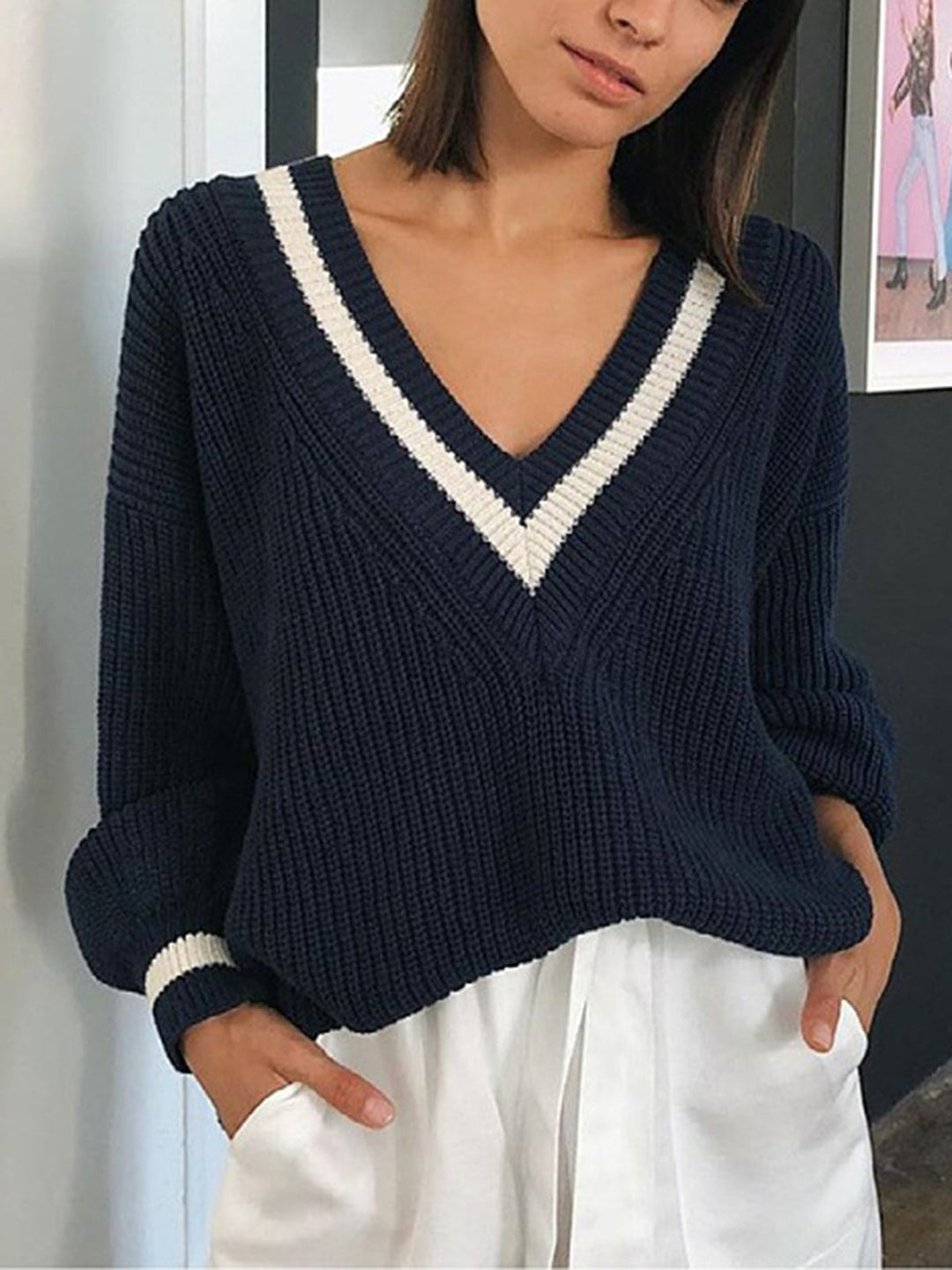 V-Neck Contrast Trim Sweater  Liora Lane Boutique Sweaters Blue / XL 138.99