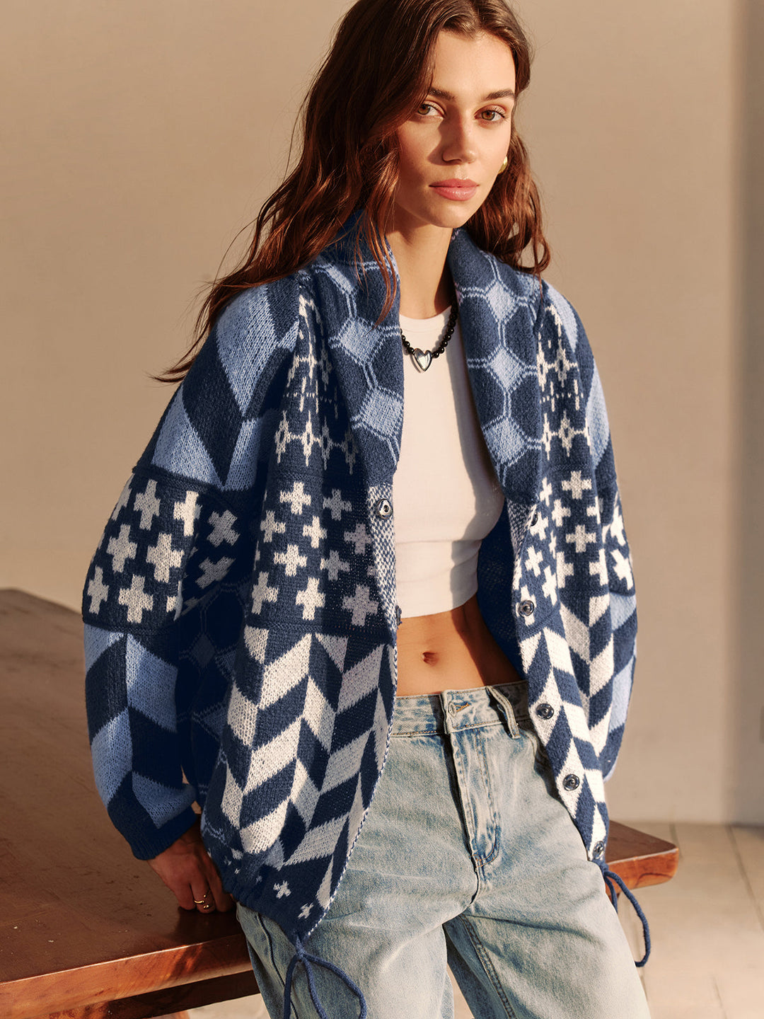 Boheme Printed Lapel Cardigan  Liora Lane Boutique Cardigans Blue / XL 52.00