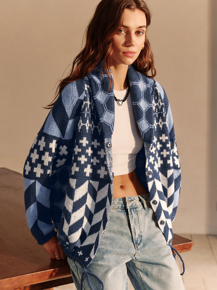Boheme Printed Lapel Cardigan  Liora Lane Boutique Cardigans Blue / XL 52.00