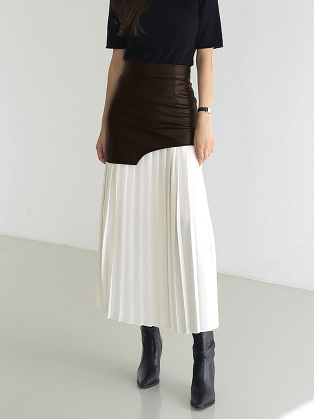 Asymmetric Patchwork Faux Leather Chiffon Pleated Maxi Skirt  Liora Lane Boutique Skirts
