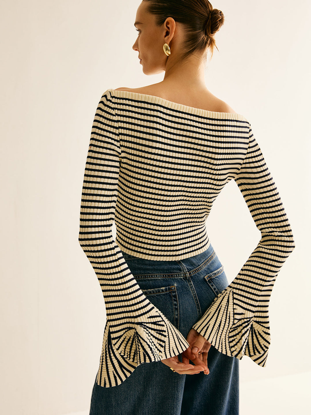 Striped Ruffle-Sleeve Knit Top  Liora Lane Boutique Knit Tops