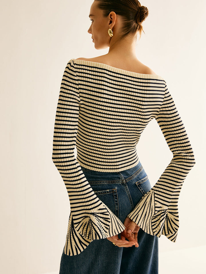 Striped Ruffle-Sleeve Knit Top  Liora Lane Boutique Knit Tops