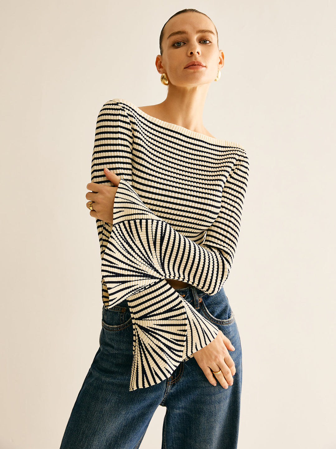 Striped Ruffle-Sleeve Knit Top  Liora Lane Boutique Knit Tops