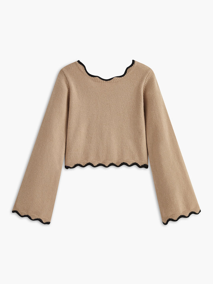 Contrast Wave Trim Bow Sweater  Liora Lane Boutique Sweaters