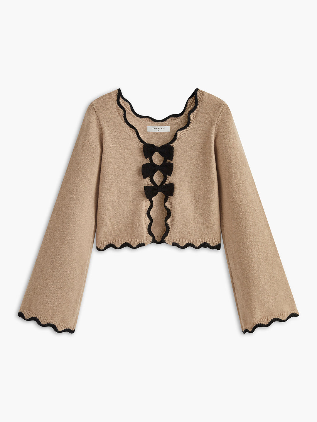 Contrast Wave Trim Bow Sweater  Liora Lane Boutique Sweaters Khaki / XL 34.00