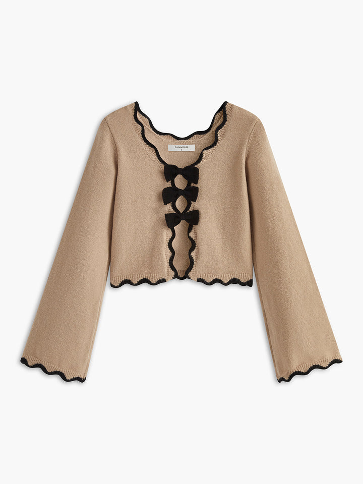 Contrast Wave Trim Bow Sweater  Liora Lane Boutique Sweaters Khaki / XL 34.00