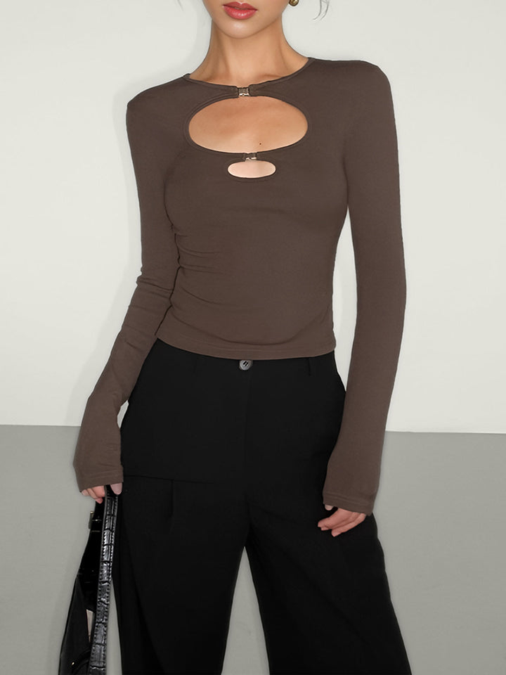 Double Keyholes Long Sleeve Top  Liora Lane Boutique T-Shirts Light Brown / XL 26.00