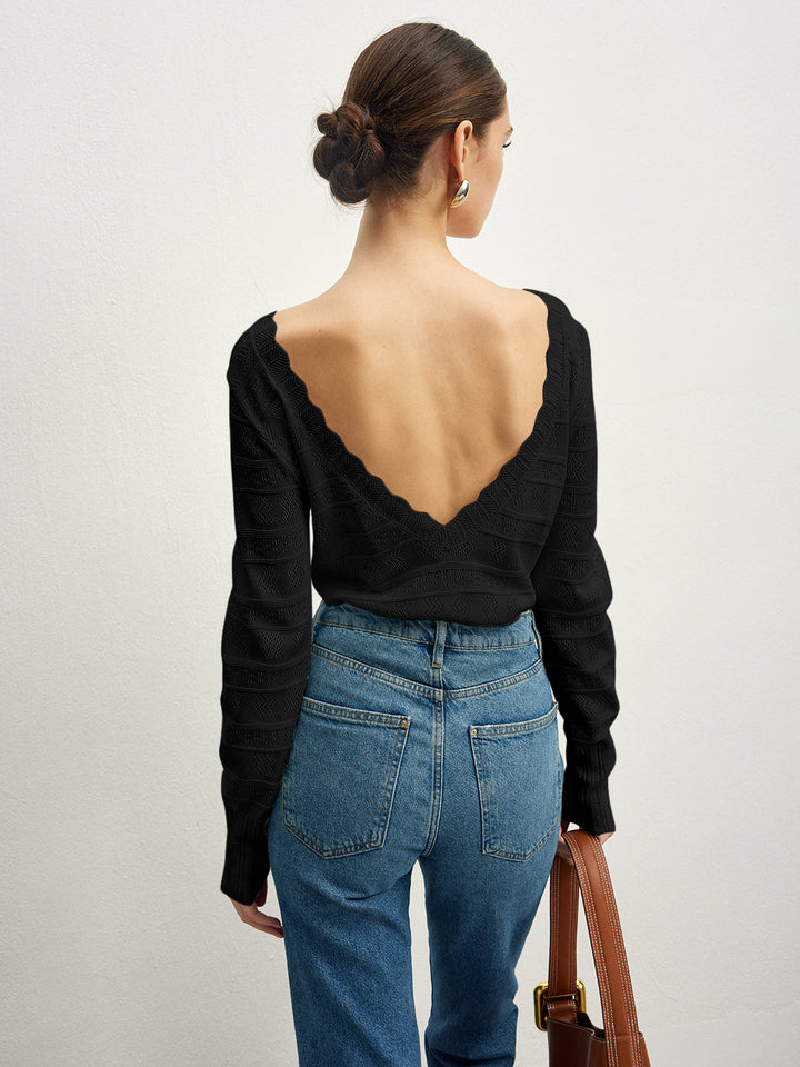 Lettuce Trim Backless Pointelle Knit Top  Liora Lane Boutique Knit Tops Black / XL 39.00