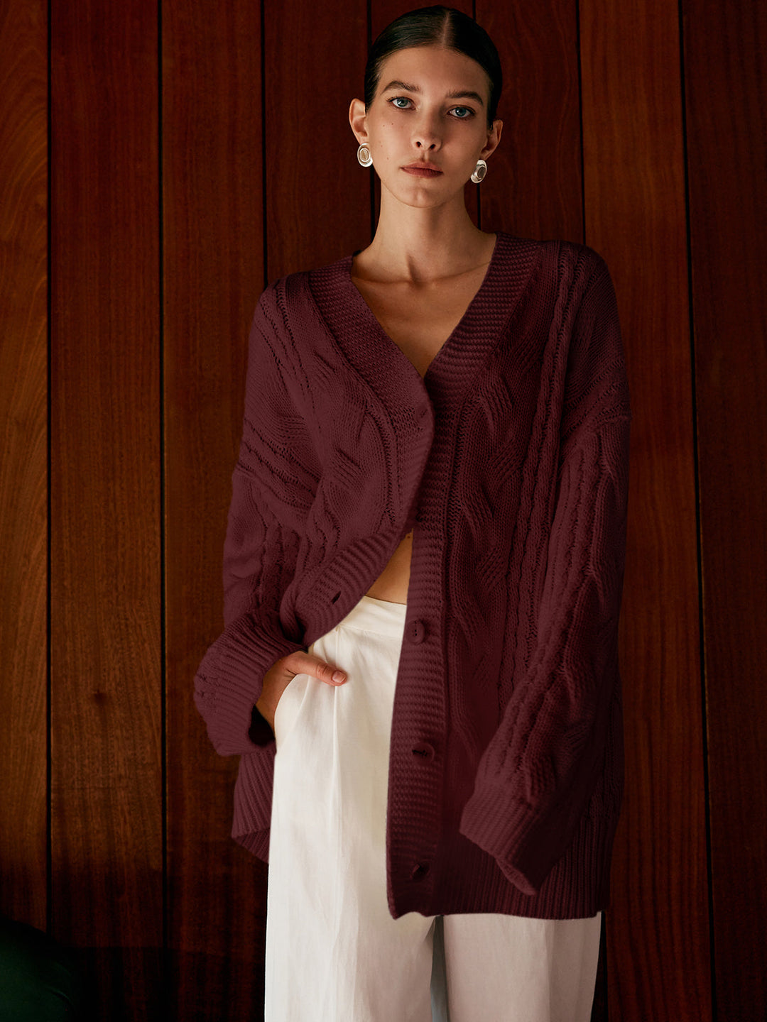 Oversized Cable Knit Outwear  Liora Lane Boutique Knit Outerwear Burgundy / XL 72.00