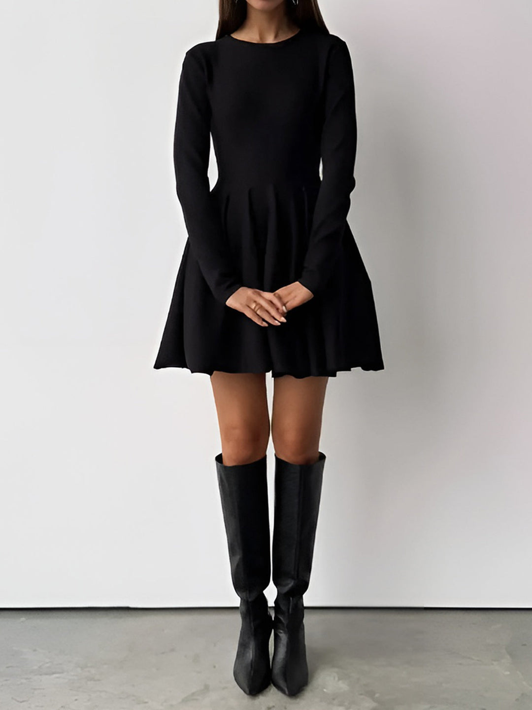 Plain Pleated Sweater Short Dress  Liora Lane Boutique Sweater Dresses Black / XL 140.99