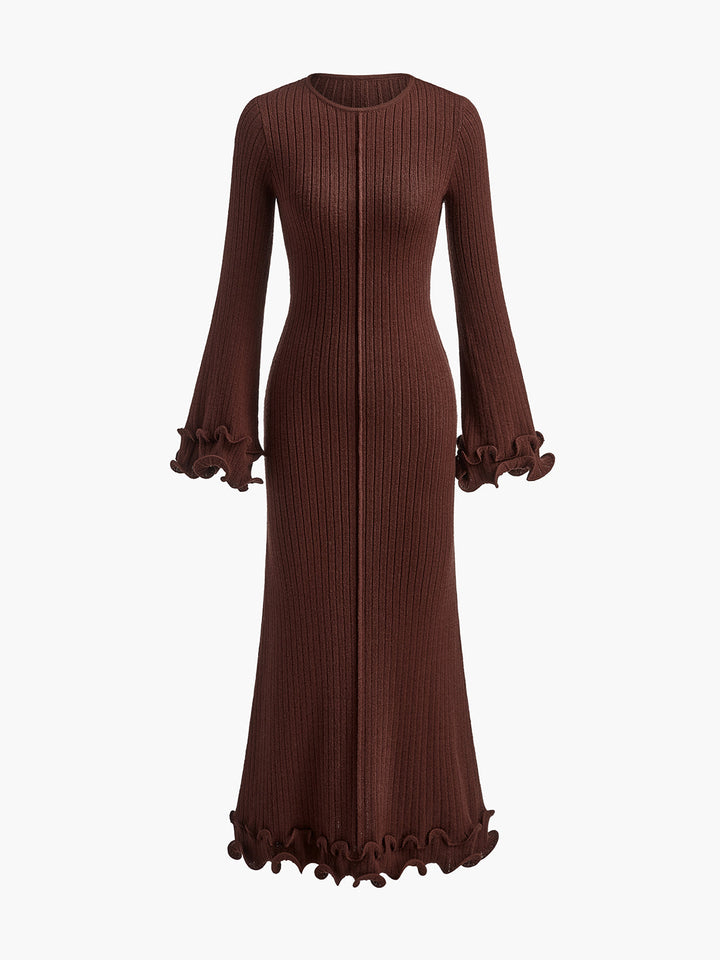 Semi-Sheer Piping Ruffle Drawstring Knit Dress  Liora Lane Boutique Knit Dresses Burgundy / XL 137.99