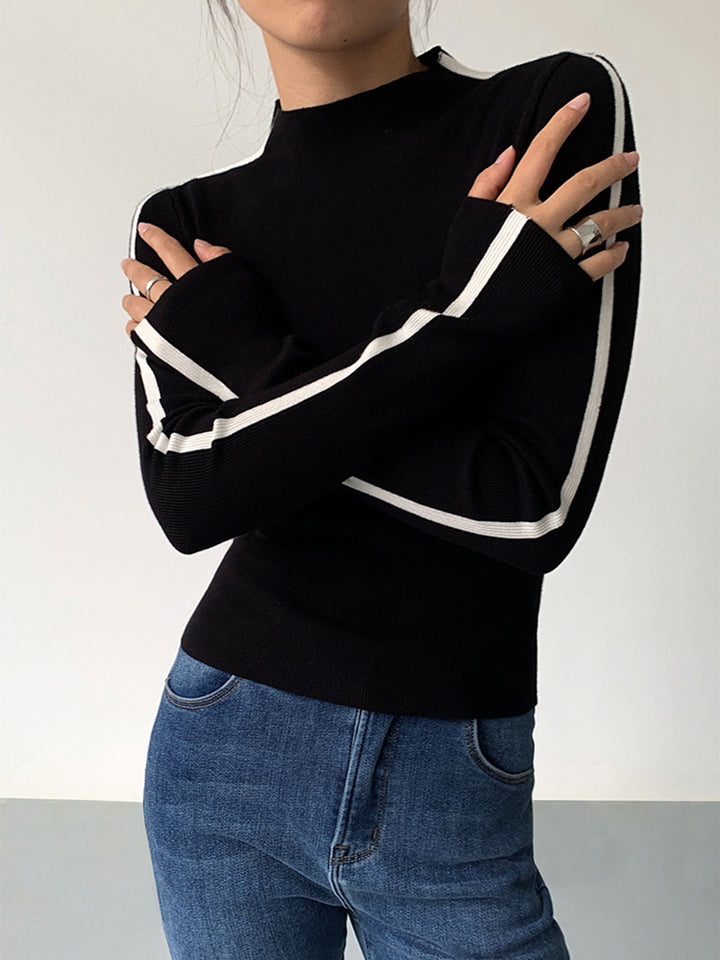 Round Neck Contrast Trim Slim Knit Top  Liora Lane Boutique Knit Tops Black / XL 36.00