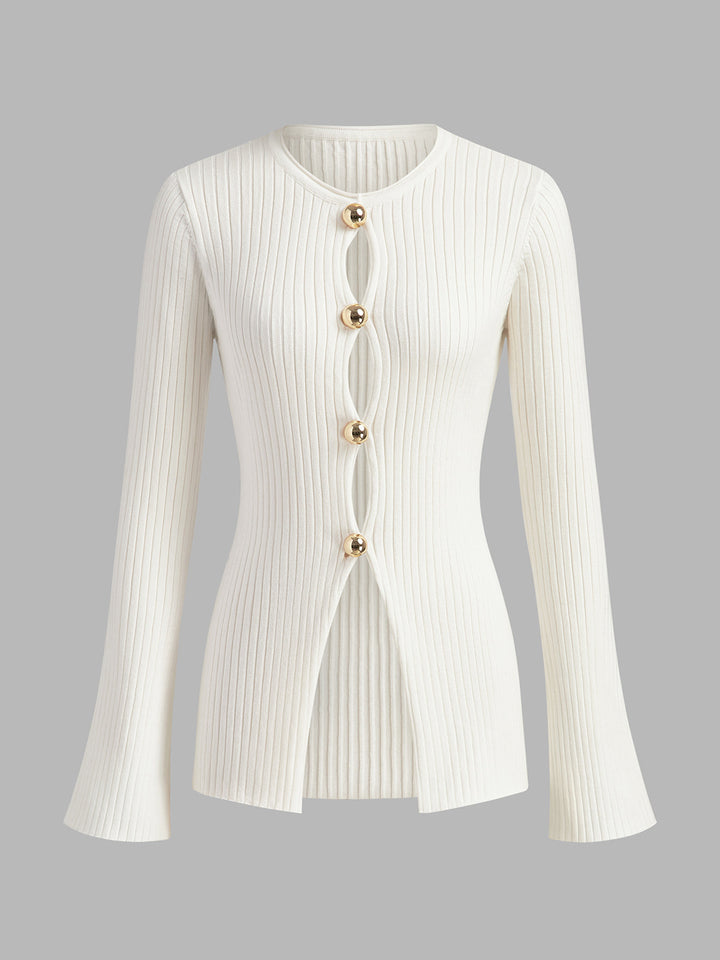 Golden Button Split Knit Top  Liora Lane Boutique Knit Tops White / XL 34.00