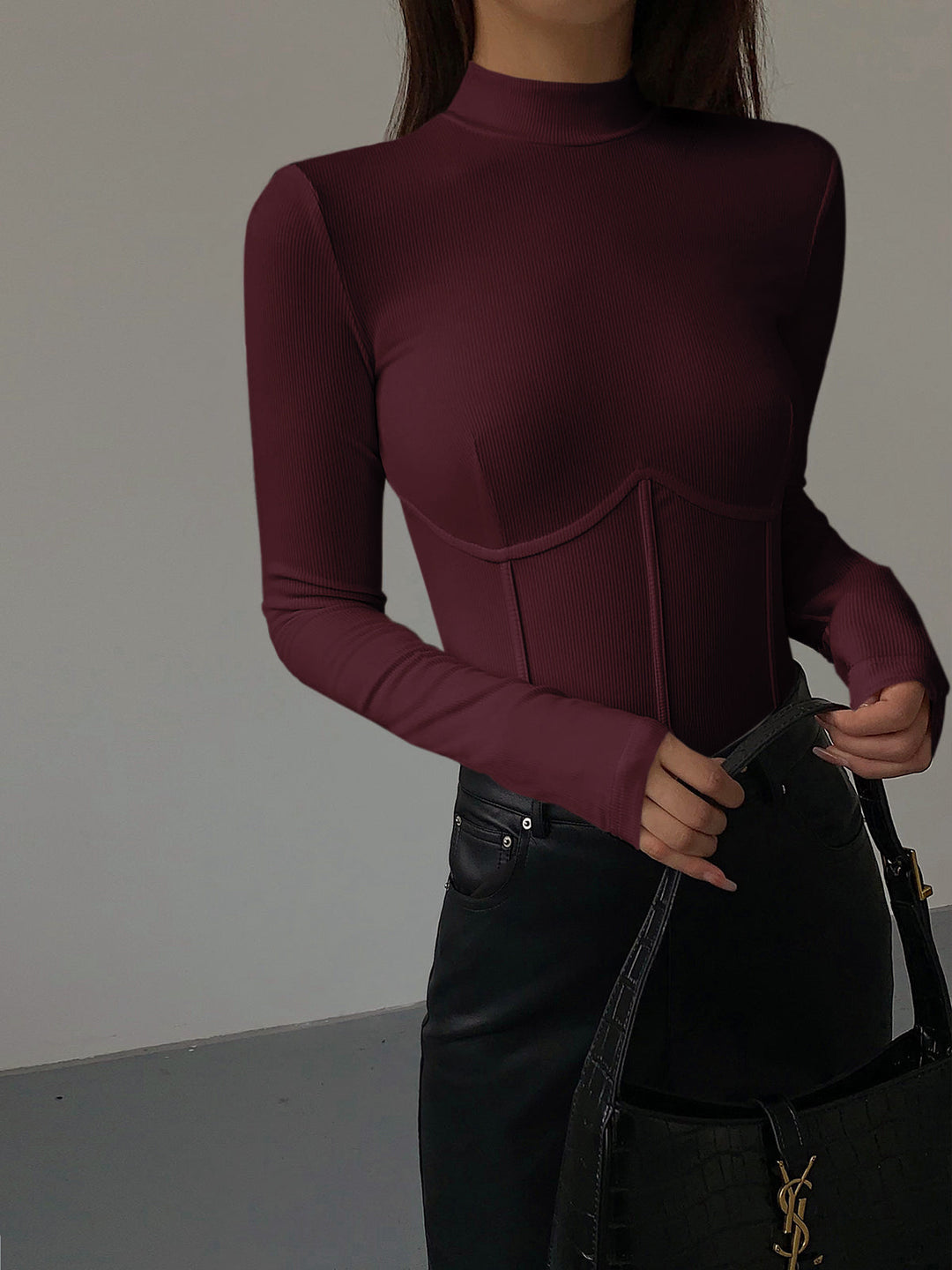 Mock Neck Piping Slim T-Shirt  Liora Lane Boutique T-Shirts Burgundy / XL 28.00