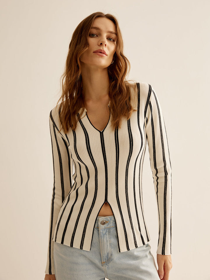 Split Pinstripe Slim Knit Top  Liora Lane Boutique Knit Tops