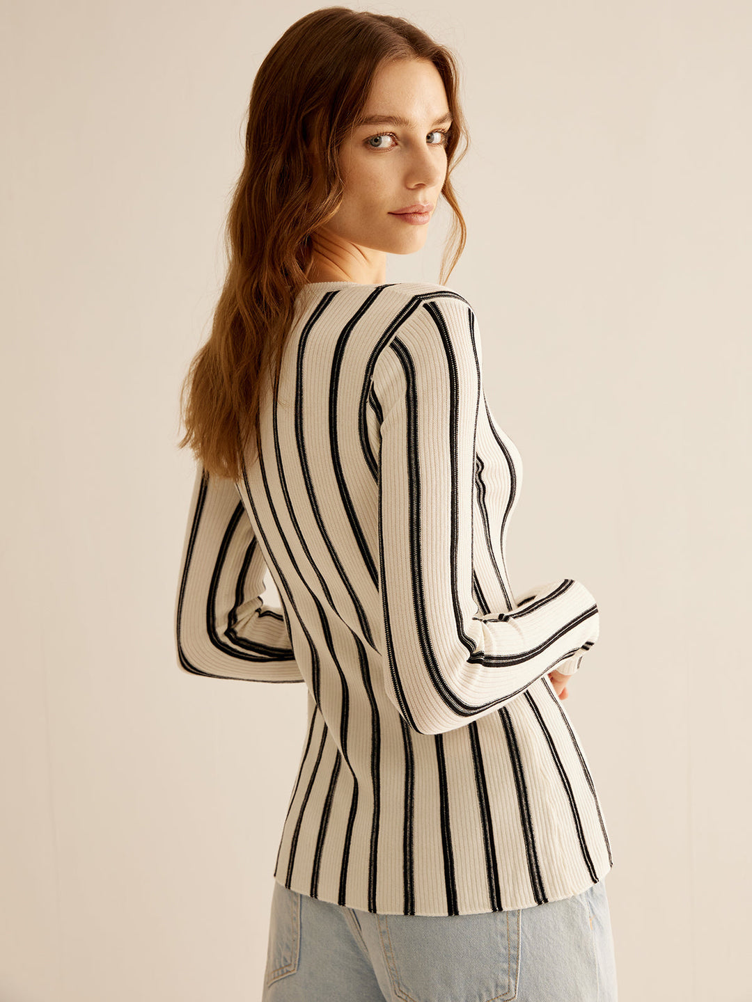 Split Pinstripe Slim Knit Top  Liora Lane Boutique Knit Tops