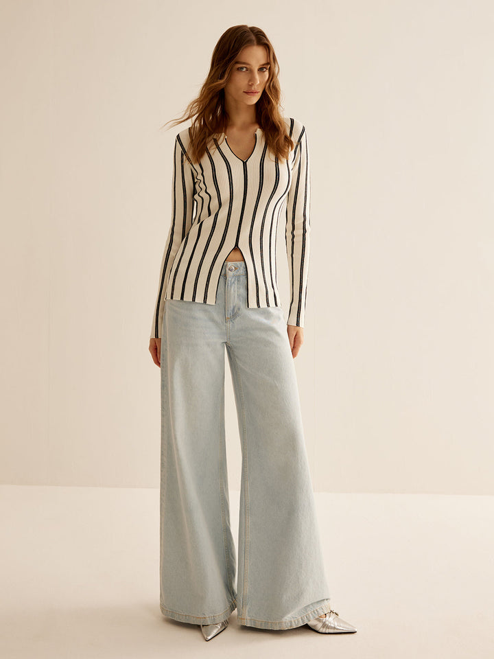 Split Pinstripe Slim Knit Top  Liora Lane Boutique Knit Tops