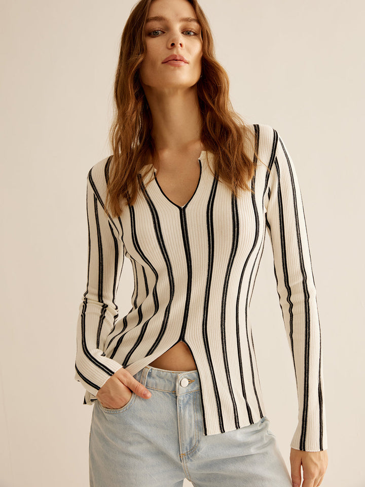 Split Pinstripe Slim Knit Top  Liora Lane Boutique Knit Tops Off-White / XL 99.99