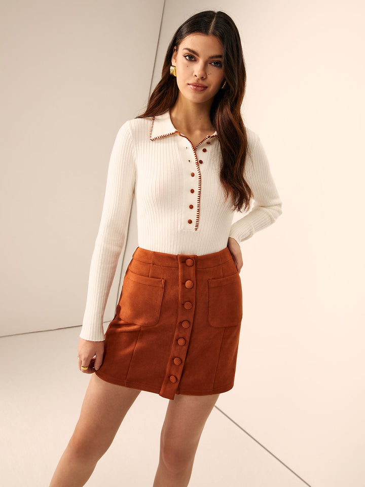 Embroidered Trim Button Lapel Knit Top  Liora Lane Boutique Knit Tops