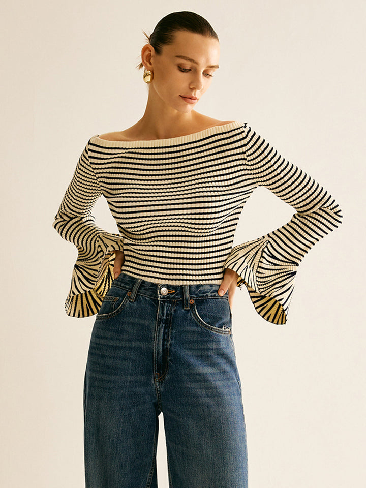 Striped Ruffle-Sleeve Knit Top  Liora Lane Boutique Knit Tops White / XL 52.00