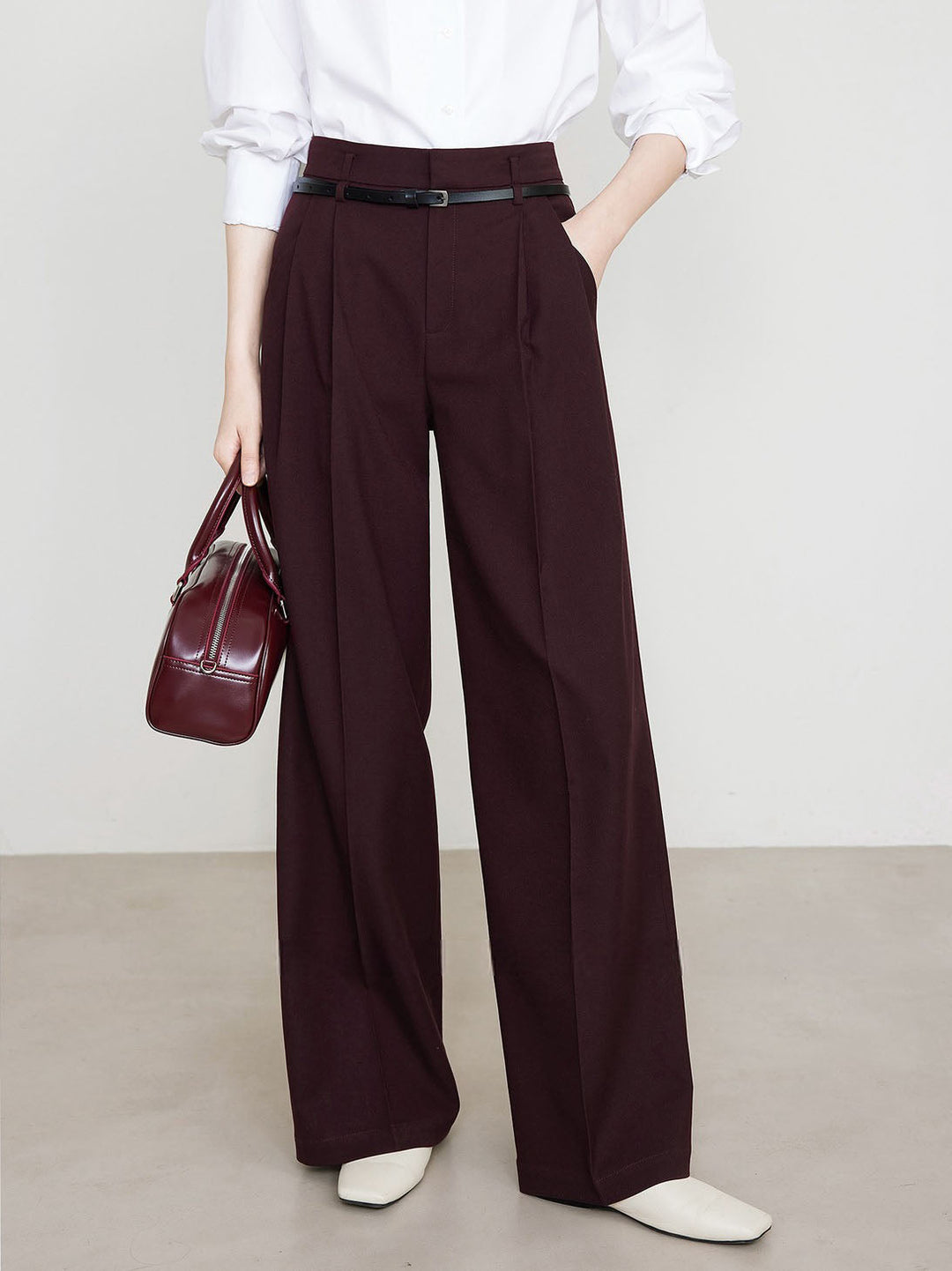 Utility High-Waist Pleated Pants Without Belt  Liora Lane Boutique Pants Burgundy / XL 49.00
