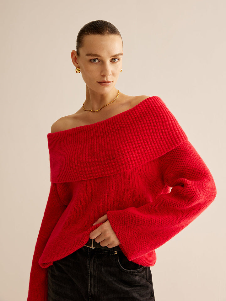 Off-Shoulder Ribbed Sweater  Liora Lane Boutique Sweaters Red / XL 45.00