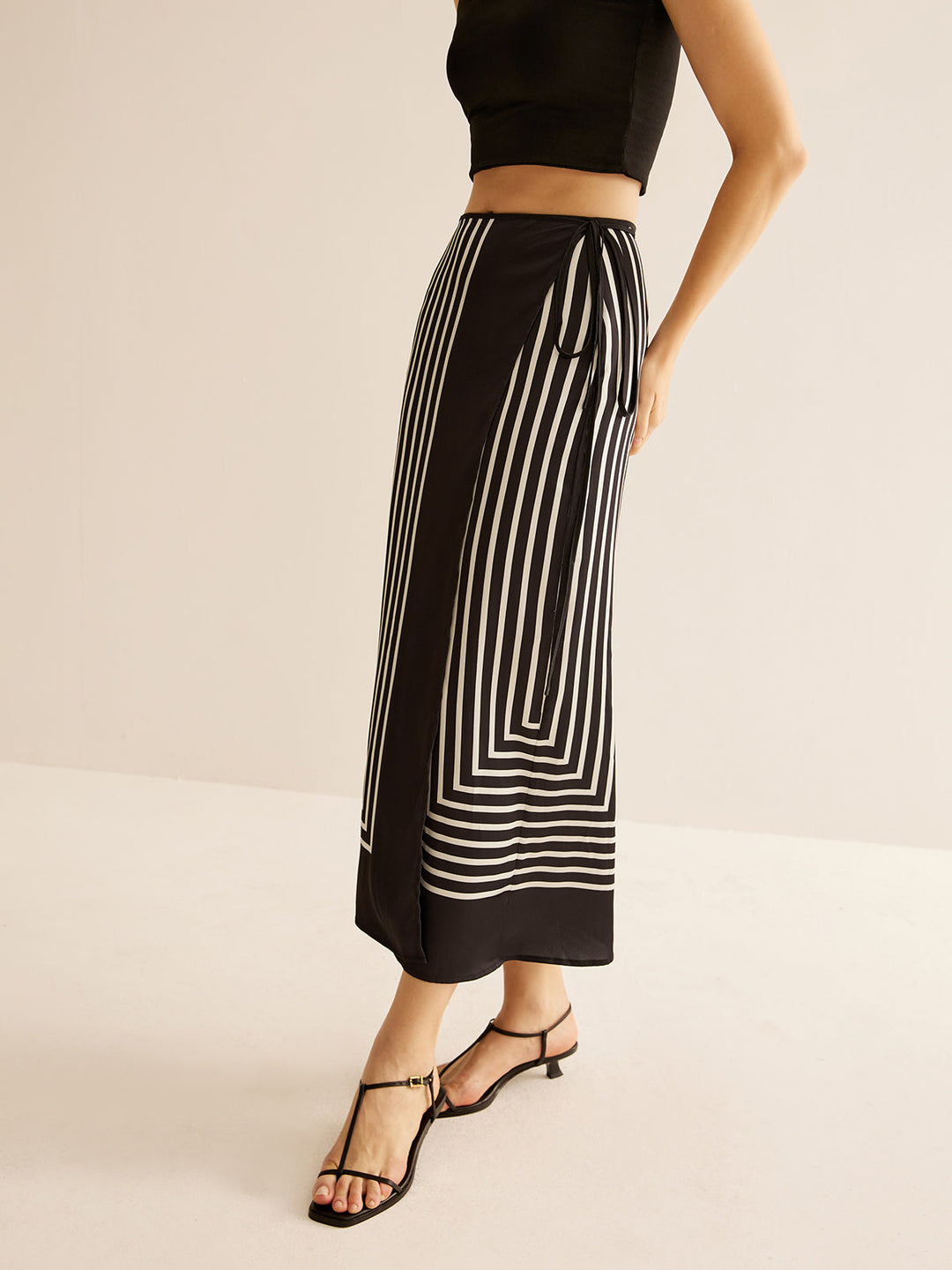 Geometric Pinstripe Satin Wrap Tie Skirt  Liora Lane Boutique Skirts Black / XL 28.00