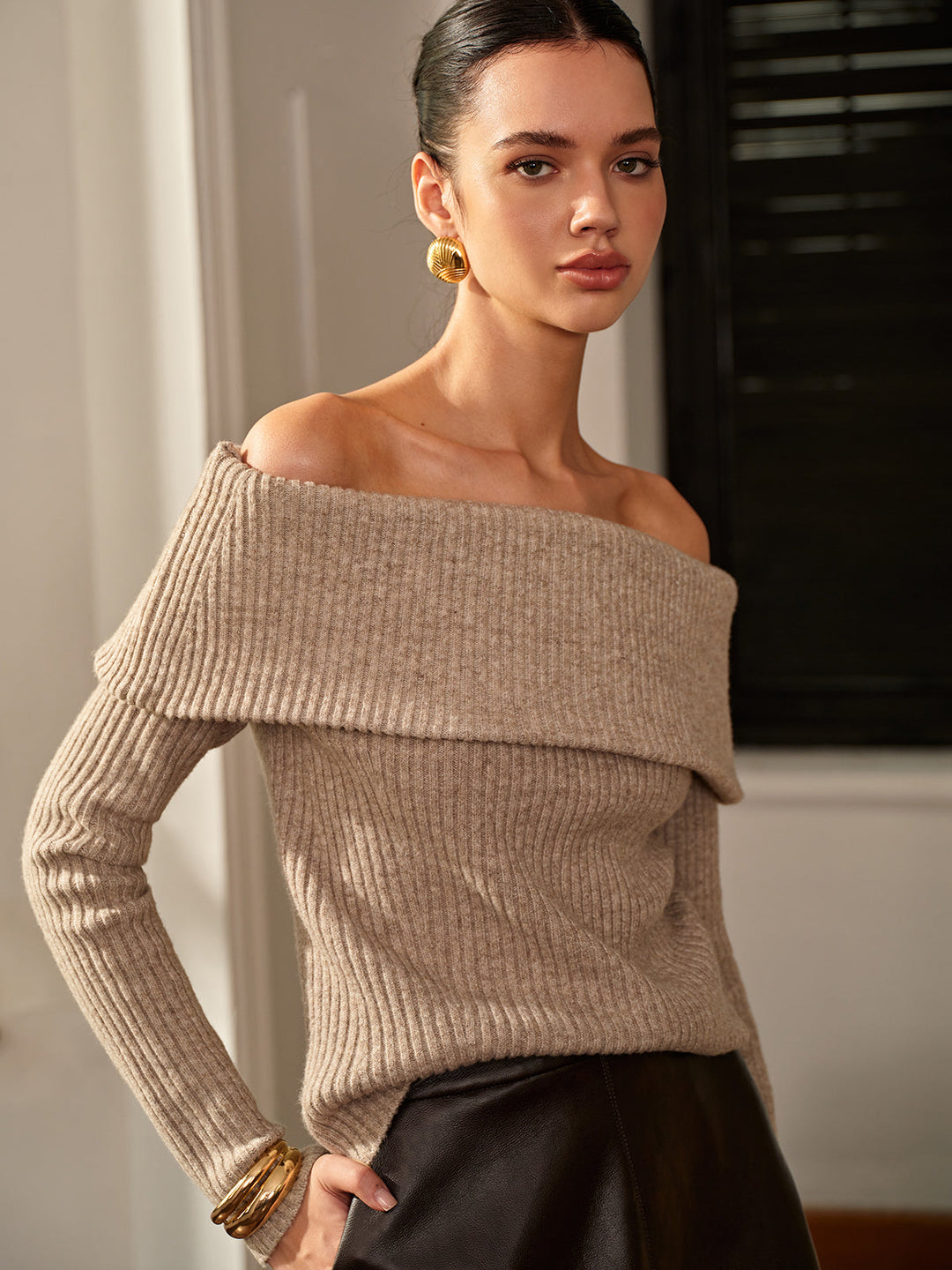 Wool-Blend Plain Off-Shoulder Sweater  Liora Lane Boutique Sweaters