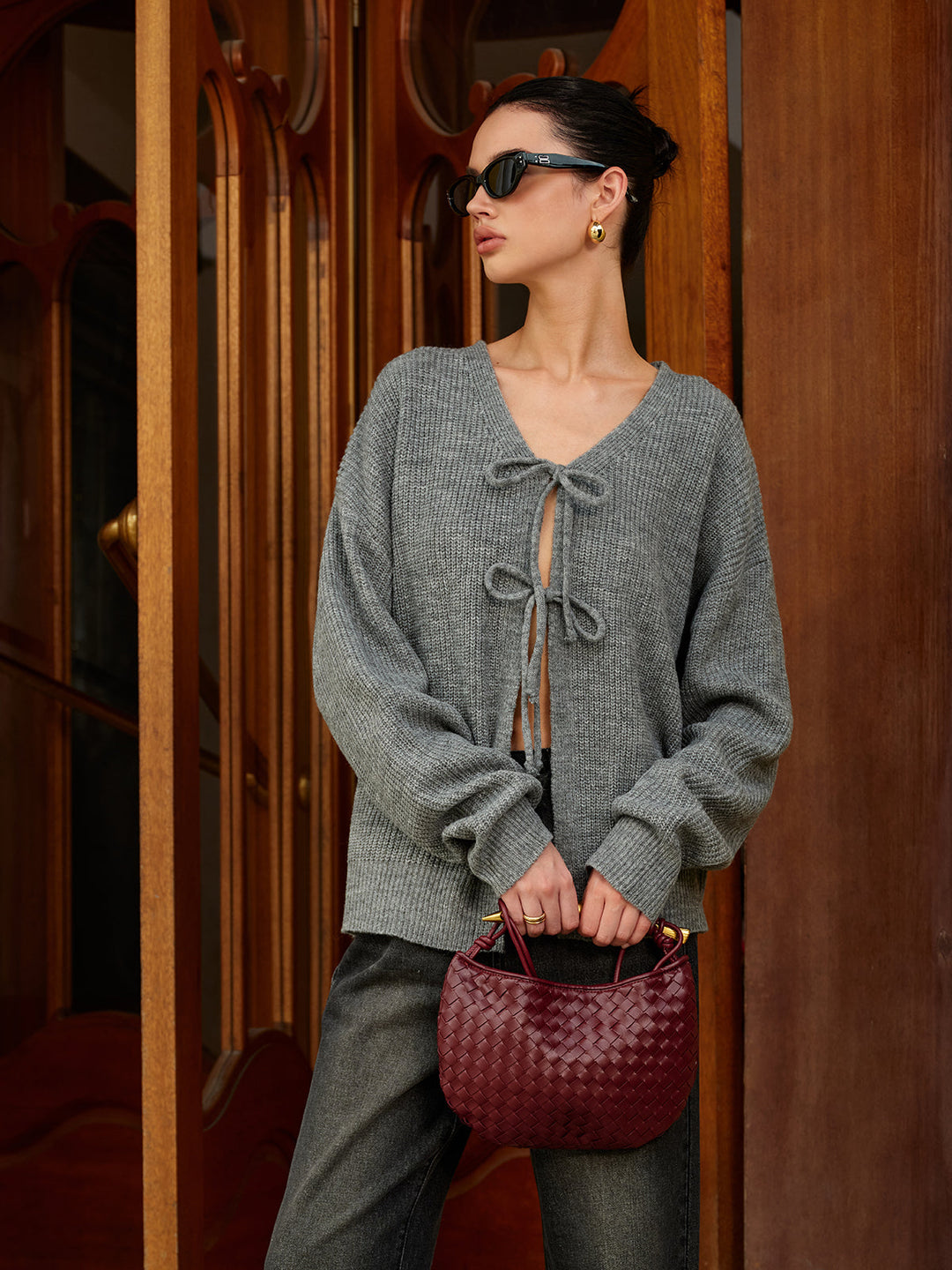 Wool-Blend V-Neck Tie Front Cardigan  Liora Lane Boutique Cardigans