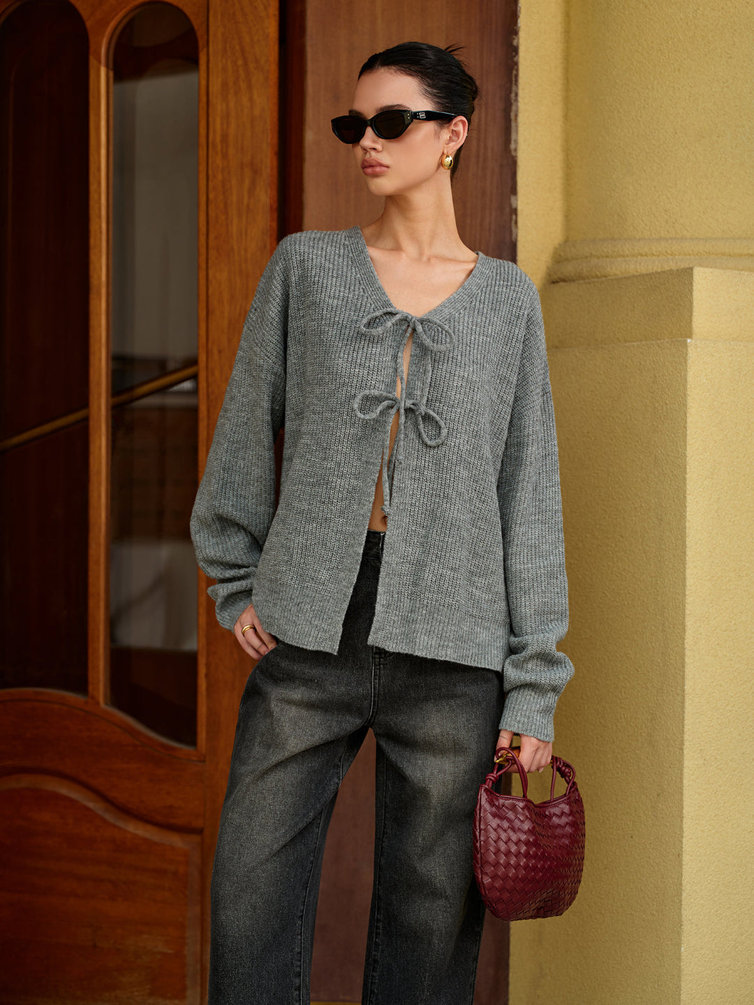 Wool-Blend V-Neck Tie Front Cardigan  Liora Lane Boutique Cardigans Grey / XL 44.00