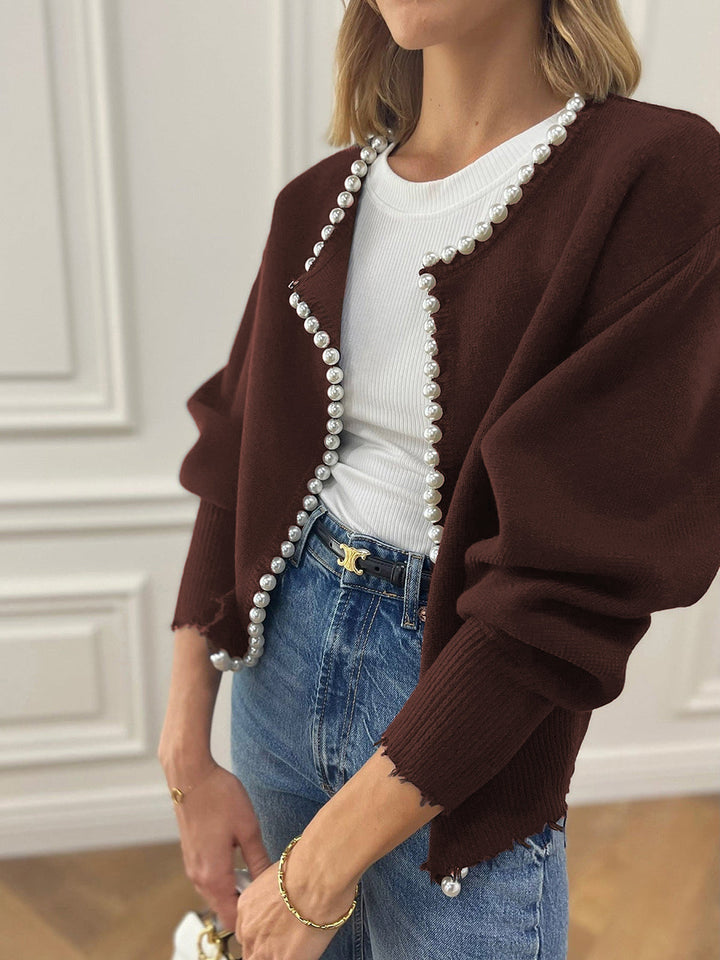 Pearl Trim Ripped Hem Cardigan  Liora Lane Boutique Cardigans Burgundy / XL 62.00