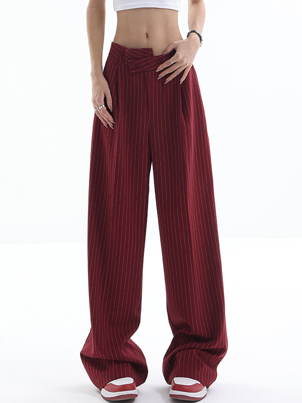 Asymmetrical High-Waist Pinstripe Pants  Liora Lane Boutique Pants